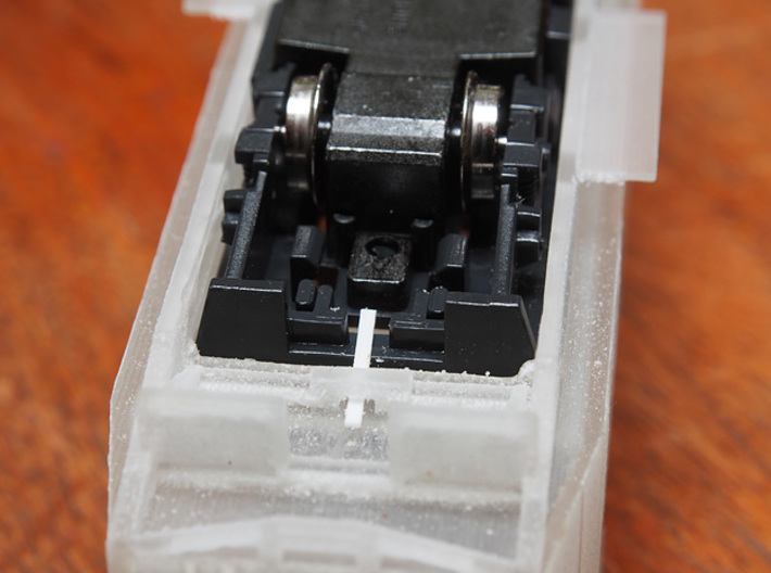CSD M11.0 Railcar H0e 3d printed Kato chassis secured by a small strip of styrene
