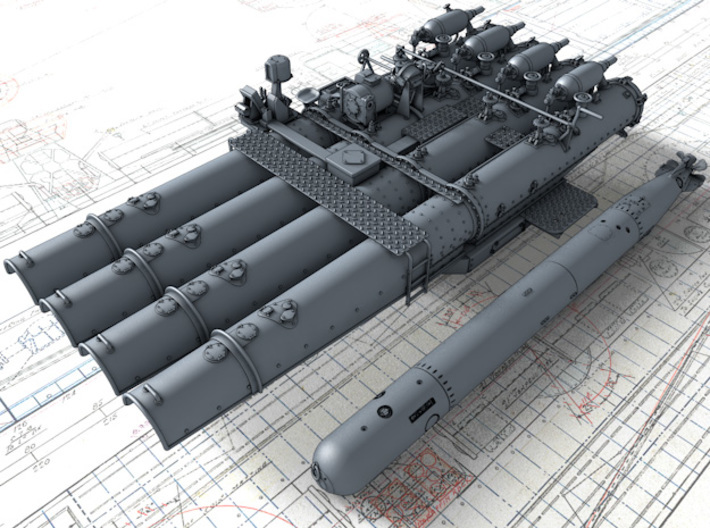 1/35 Royal Navy 21" Quad Torpedo Tubes x1 3d printed 3d render showing product along with a MKVIII 21" Torpedo (Not included)