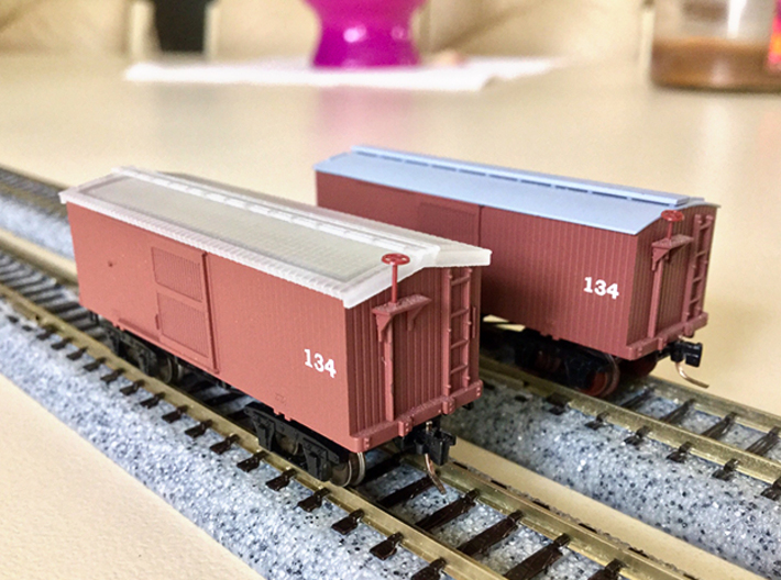 N-Scale Peaked Roof for MTL CWE Cars (Single) 3d printed A quick side by side comparison 