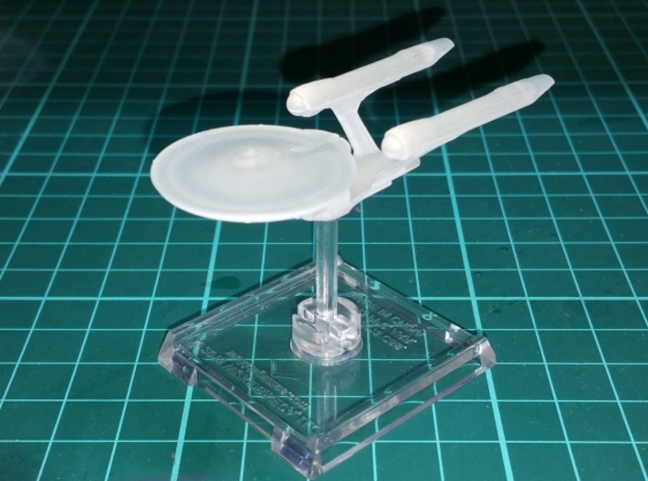 Constitution Class (SOTL'07) 1/4800 Attack Wing 3d printed Smooth Fine Detail Plastic, mounted on a small Attack Wing base.