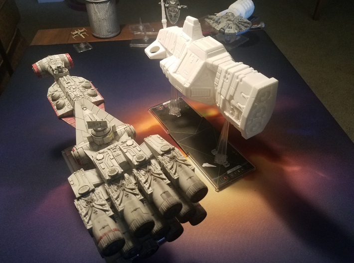 Taiidan Frigate Pack 3d printed Pictured next to an X-Wing CR-90 Corvette. The pictured model is from the Frigate pack.