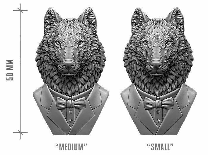 Wolf Gentleman Pendant 3d printed Two options are available. Digital preview. Not a photo