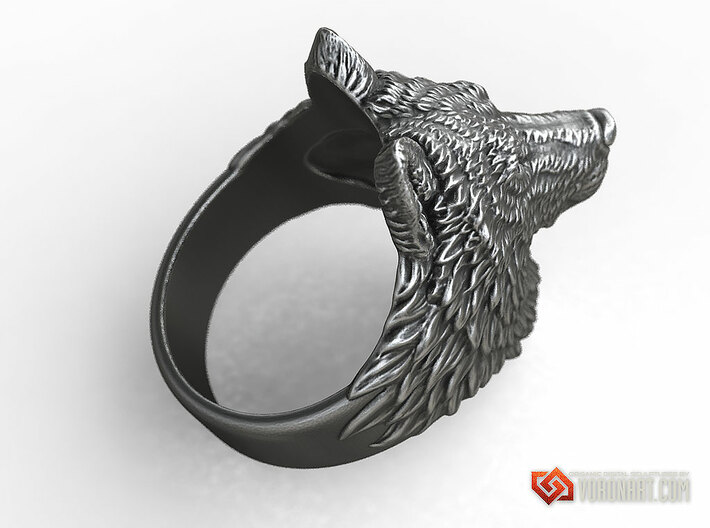 Proud Wolf animal head ring jewelry 3d printed Antique silver. Digital preview. Not a photo