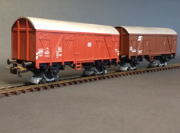 VEVEY Rollbock H0m, 4 Stück mit 2 Kuppelstangen 3d printed Transport von zwei H0-Wagen auf vier H0m-Vevey
