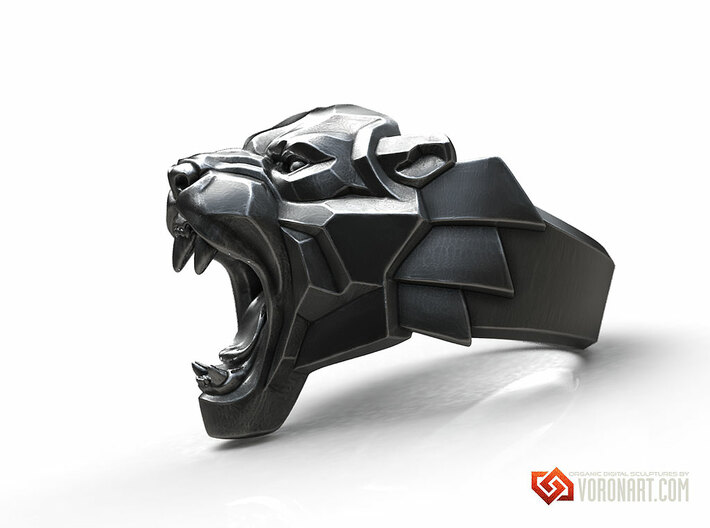 Roaring Black Panther wild cat ring 3d printed Antique silver. Digital preview. Not a photo