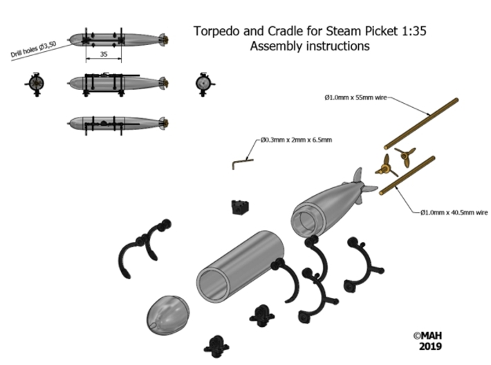 Steam Picket x 2 Torpedo & Cradle 1/35 3d printed 