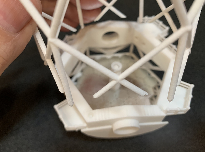 Part 1 of 3: Keck-Telescope-Upper-v7  (1:170) 3d printed When joining the Keck Upper with the Lower, rotate it until the shorter cross-members are above the rise in the elevation bearing. Put a small dab of glue on the end of each vertical.