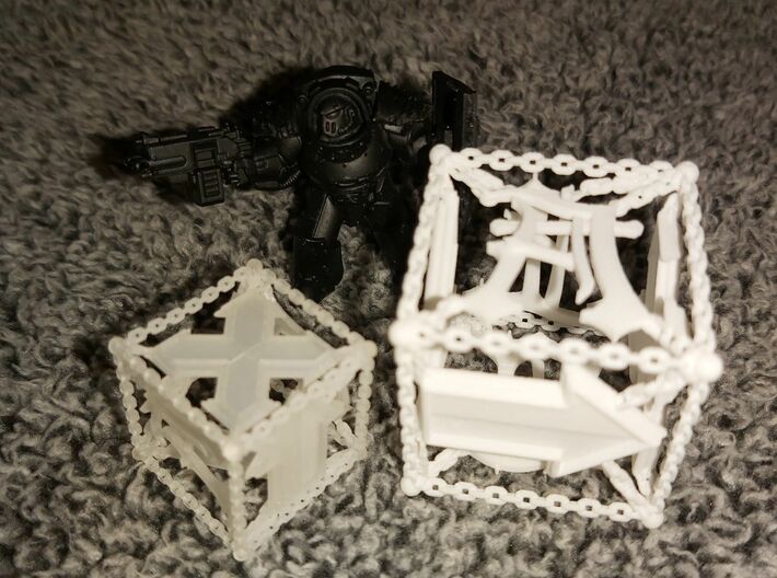 Doctrine Dice 3d printed Small Fine Detail and Large White Natural Plastic with Terminator for scale