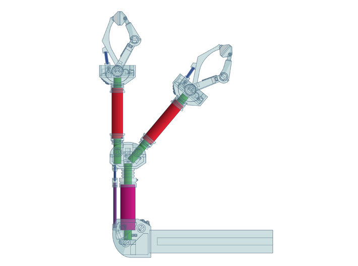 Moebius EVA Pod Arms, Version 2C 3d printed Red: 7mm tube. Magenta: 8mm tube. Green: 4mm rod. Purple: 1.5mm rod. Blue: 1mm rod.