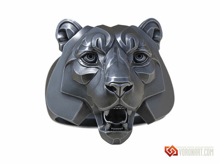 Tiger Face Ring jewelry 3d printed Antique Silver. Digital preview, not a photo
