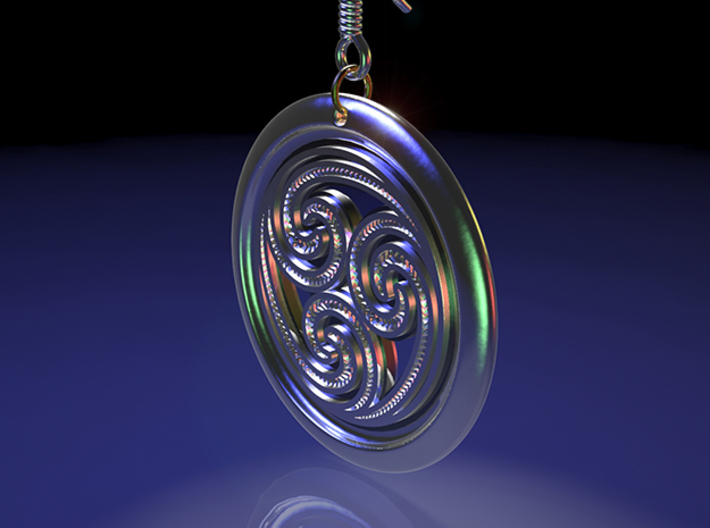 Hangarite Earring ~ version 4 - 34.5mm diameter 3d printed 3DS Max raytraced render simulating antique silver material