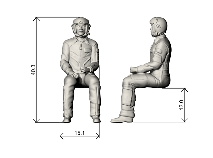 Pilot 01 seated pose .1:35 Scale 3d printed Dimensions at 1:35 Scale