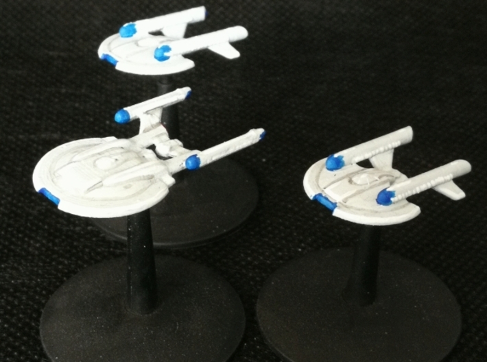 NX Class 1/7000 x2 3d printed Smooth Fine Detail Plastic. Shown with two Intrepid Type ships. Painted by Madavar