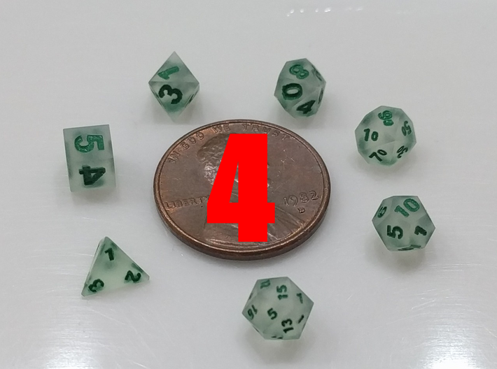 4x Tiny Polyhedral Dice Set, V4 (1.25x Scale) 3d printed WARNING: these dice are 1.25x the size of the pictured dice! Sanded and painted (v1 shown)