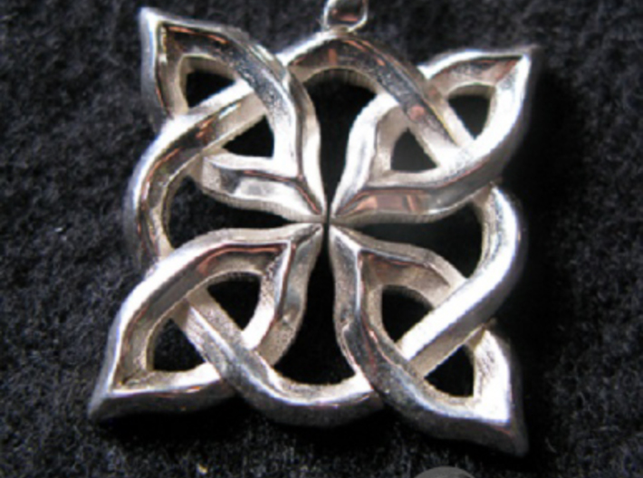 4 Clover Knot - Pendant. Shown in sterling silver  3d printed Front view. Actual Product Image. Shown in polished silver.