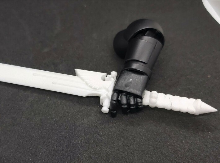 Action Figure Powersword 3d printed Printed in White Natural Versatile Plastic, shown with the arm of 1:12 scale action figure