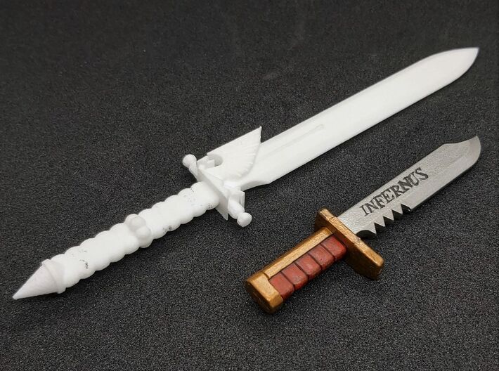 Action Figure Powersword 3d printed Printed in White Natural Versatile Plastic, shown with a combat knife from a 1:12th Scale action figure