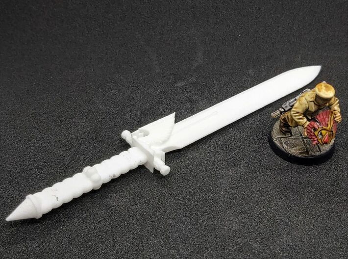 Action Figure Powersword 3d printed Printed in White Natural Versatile Plastic, shown with a 28mm heroic scale model.