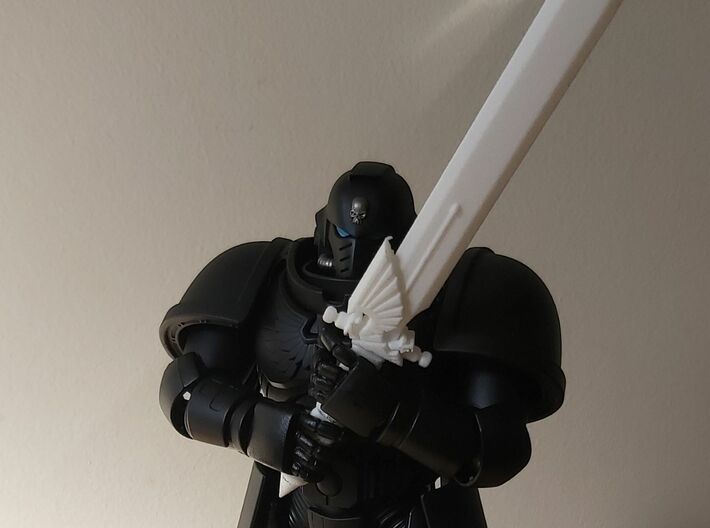 Action Figure Powersword 3d printed Printed in White Natural Versatile Plastic, shown held two-handed by a 1:12 scale action figure