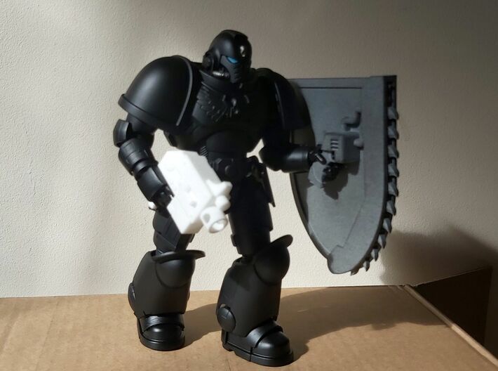 Action Figure Bolt Pistol 3d printed Printed in White Processed Versatile Plastic, shown with a Action Figure Chainshield and a 1:12 scale action figure