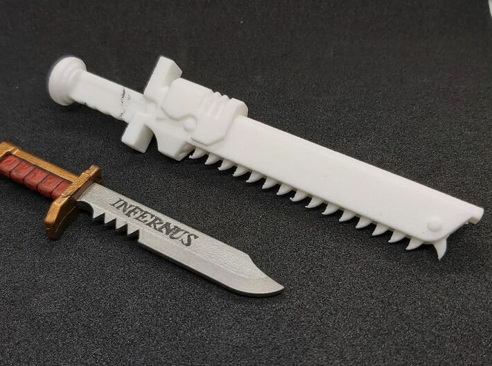 Action Figure Chainsword - Left Handed 3d printed Printed in White Natural Versatile Plastic, compared to a combat knife from a 1:12 scale action figure