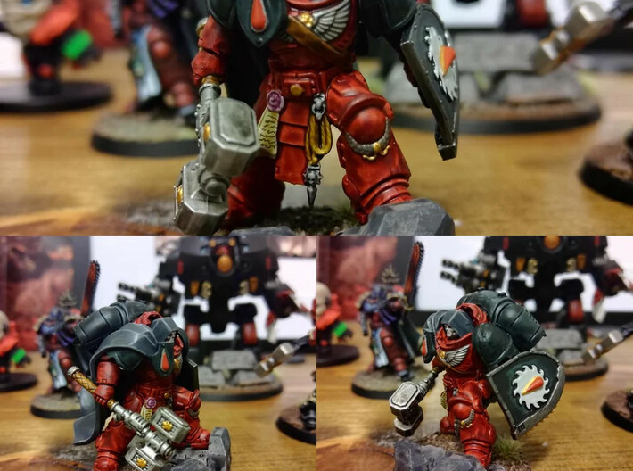Mixed Chainshield (Buzzsaw Droplet design) 3d printed Left-handed Chainshield (Buzzsaw Droplet design), on Flesh Tearers Smash Captain by Dedloc of the r/Warhammer40k subreddit 