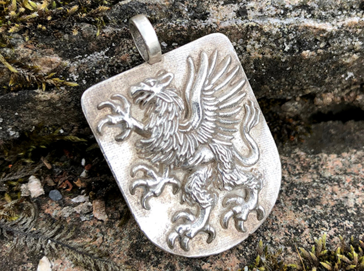 Griffin Gryphon Heraldic Crest Shield Pendant 3d printed Griffin Heraldic Coat of Arms Pendant. Polished Silver with natural patina.