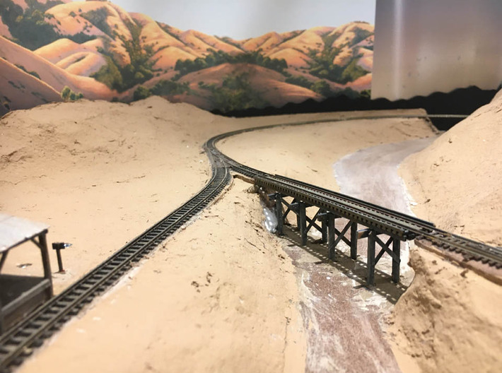 Nn3 Low Trestle Bridge Parts 3d printed Another model bridge installed on layout under construction.