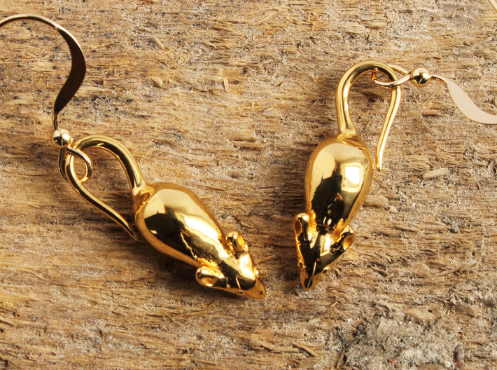 Mouse Earrings - Science Jewelry 3d printed Mouse earrings in 14K gold plated brass