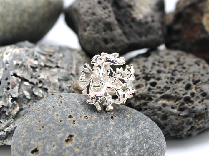 Acropora Elkhorn Coral Ring - Marine Biology 3d printed Acropora ring in polished silver