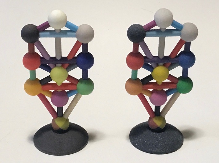 Tree Of Life 3d printed Comparing high-definition full-color plastic on the left with full-color sandstone on the right. The plastic colors are a trifle more vibrant. Also, the sandstone version is fragile and will break if dropped on the floor. 