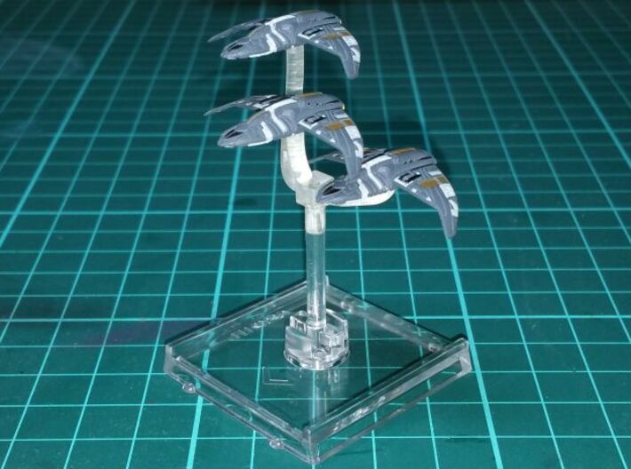 Attack Wing Squad Pegs 3d printed 3 Bajoran Interceptors glued onto it and mounted on a small Attack Wing base with a peg.