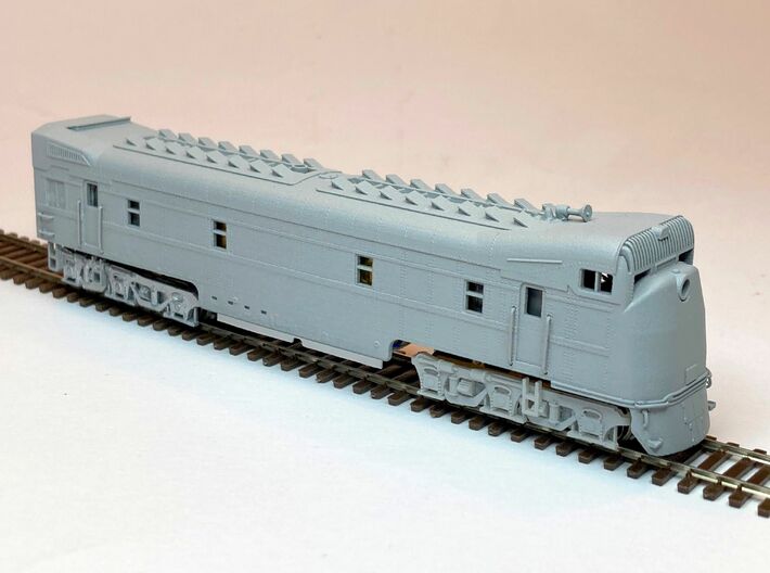 ATSF EMC 1 spot bulldog nose engine shell  3d printed primed shell with adapted truckframes