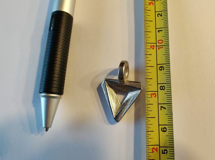 Penrose Pendant 3d printed Image of first print, with pen size comparison and measurement