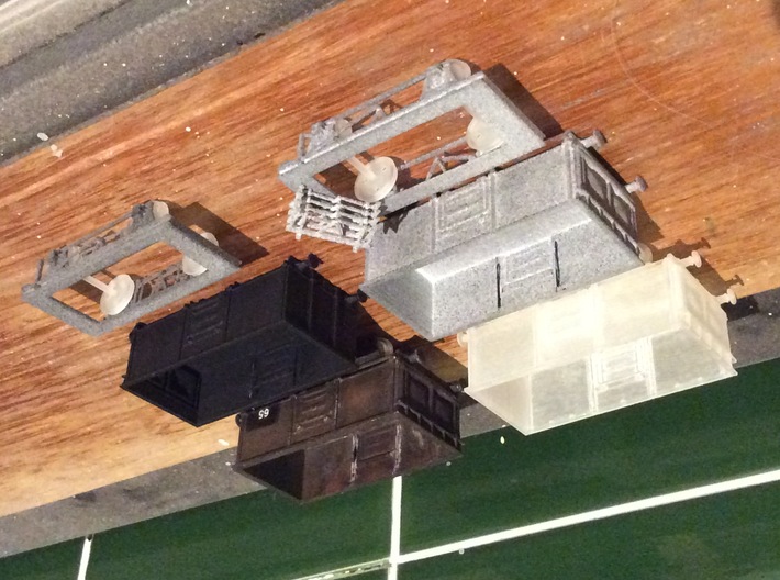HO scale 9ft wheelbase chassis 3d printed Chassis in Gray PA12 is nearest the camera, and probably the other one too