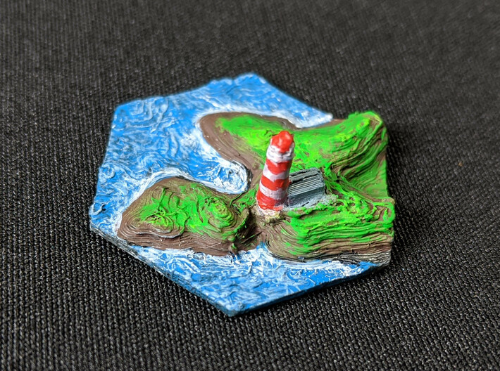 Lighthouse terrain hex tile counter 3d printed Painted Makerbot print of lighthouse hex tile