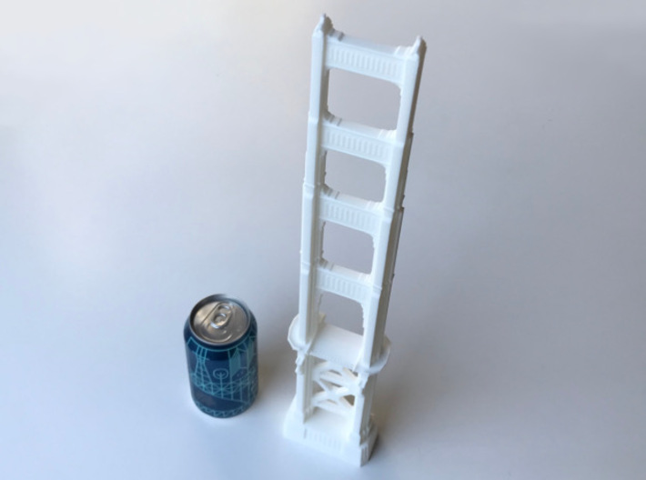 Golden Gate Bridge Tower 3d printed Photo of 18-inch tall model next to a 12-oz beverage can, for scale