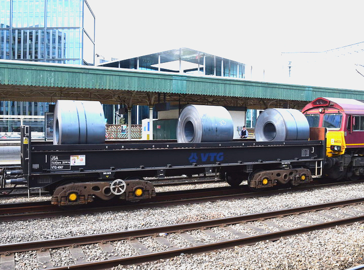 TT:120 JSA Steel Coil Wagon 3d printed JSA VTG4067 at Cardiff Central, 11 July 2019. Photo ©Camperdown@Flickr.com. Shared under CC-BY 2.0