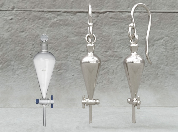 Separatory Funnel Earrings - Chemistry Jewelry 3d printed Separatory Funnel Earrings in polished sterling silver, computer render