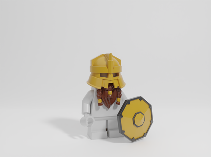 Lonely Mountain Dwarf Helmet, Shield, &amp; Beard 3d printed 3D render, minifig not included, print comes raw &amp; unpainted