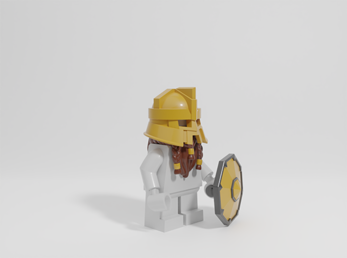 Lonely Mountain Dwarf Helmet, Shield, & Beard 3d printed 3D render, minifig not included, print comes raw & unpainted
