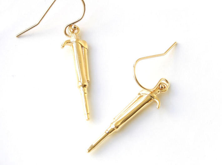 Pipette Earrings - Science Jewelry 3d printed Pipette earrings in 14K gold plated brass
