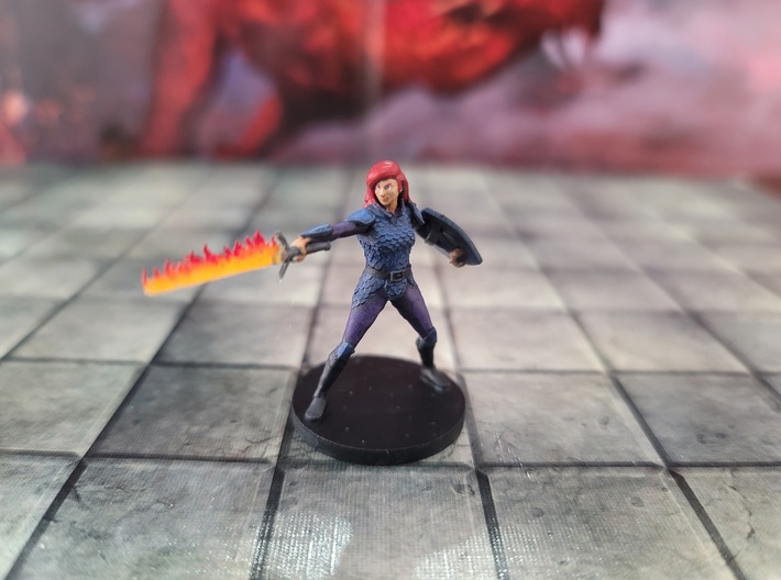Human Female Fighter + Scale Armor + Flame Sword 3d printed