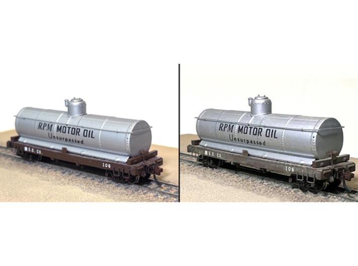TTn3 / TTn42 Standard Oil Tank Car 3d printed Unweathered (L), weathered (R); couplers, trucks, brake wheel, brass wire, decals not included.