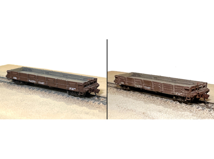 TTn3 / TTn42 PCRy Gravel Gondola 1075 3d printed Unweathered (L), weathered ‘(R); trucks, couplers, brake wheel, brass wire, decals not included.