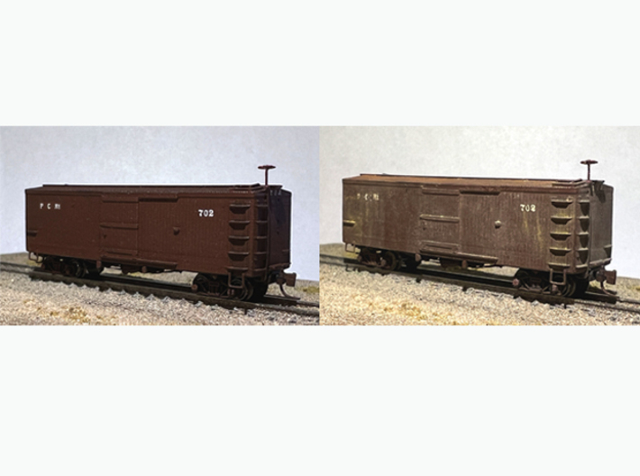 Nn3 Pacific Coast Railway Boxcar #708 3d printed Unweathered (L), weathered ‘(R); trucks, couplers, screws, brake wheel, brass wire, decals not included.