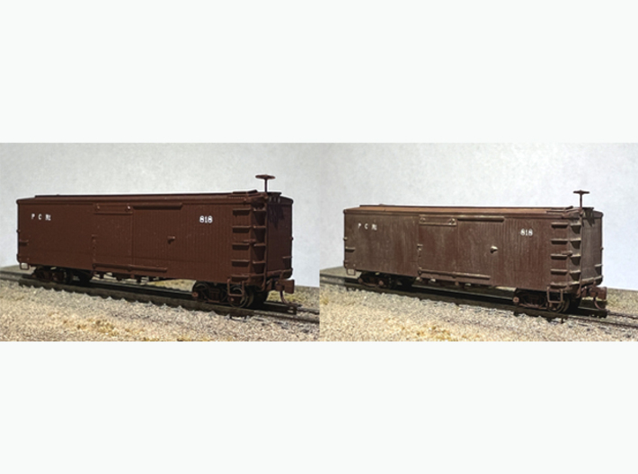 Nn3 Pacific Coast Railway 33' Box Car #804 3d printed Unweathered (L), weathered ‘(R); trucks, couplers, screws, brake wheel, brass wire, decals not included.