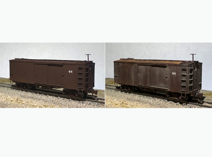 Nn3 Pacific Coast Railway 28' Box Car No. 46 3d printed Unweathered (L), weathered ‘(R); trucks, couplers, screws, brake wheel, brass wire, decals not included.