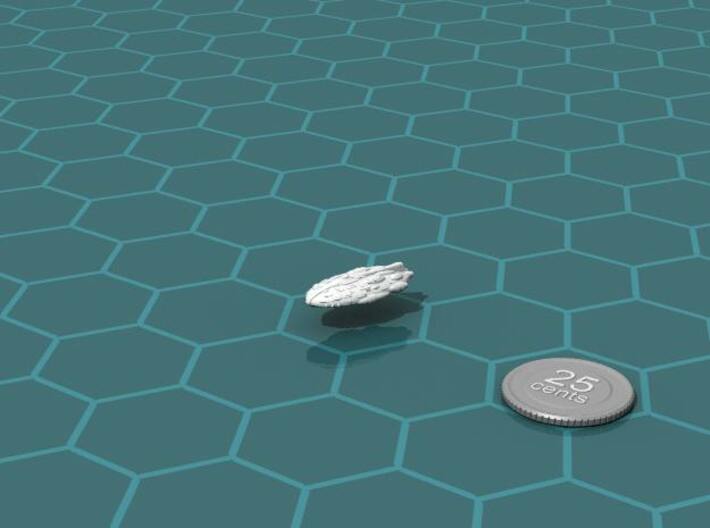 MonSkal Frigate 3d printed Render of the model, with a virtual quarter for scale.