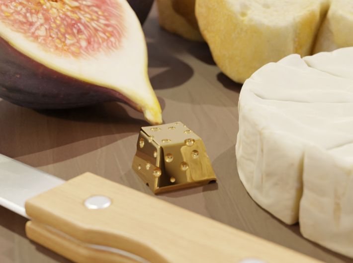 Cheese Keycap - Mechanical Keyboard Gold Cherry MX 3d printed Gold Plated Cheese Keycap on charcuterie board